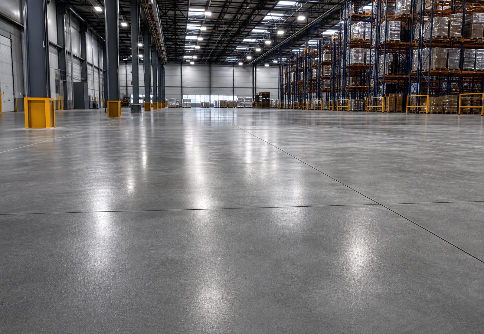 Polished commercial concrete warehouse floor in south-east Melbourne showing a finished slab with control joints